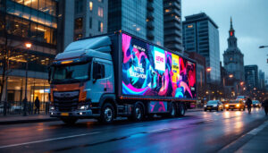 A photograph of a vibrant mobile billboard truck showcasing a dynamic led display in an urban setting