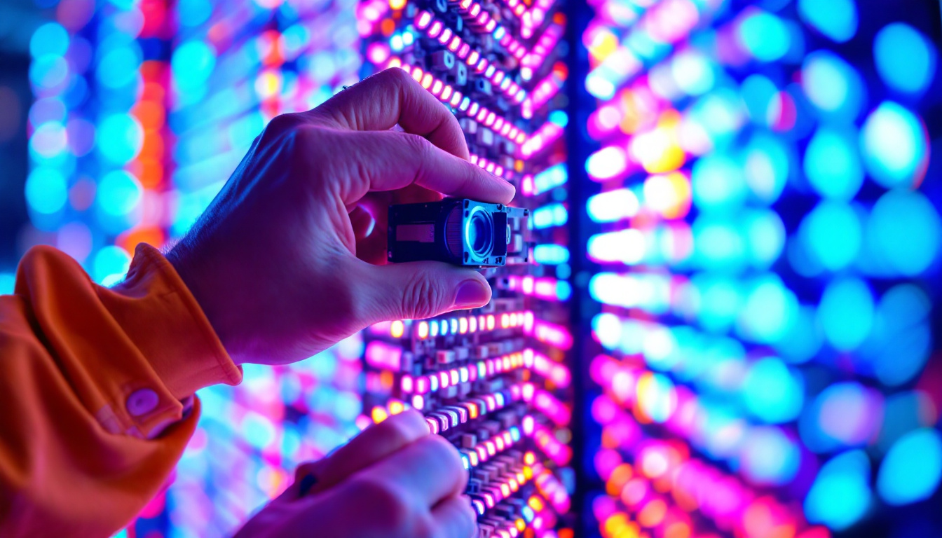 A photograph of a close-up of a technician replacing an led module on a vibrant led display