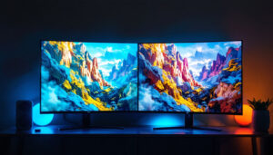 A photograph of a side-by-side comparison of an lcd and an led display