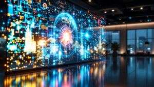 A photograph of a vibrant led transparent film screen in a modern setting