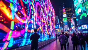 A photograph of a vibrant led display in a dynamic urban setting