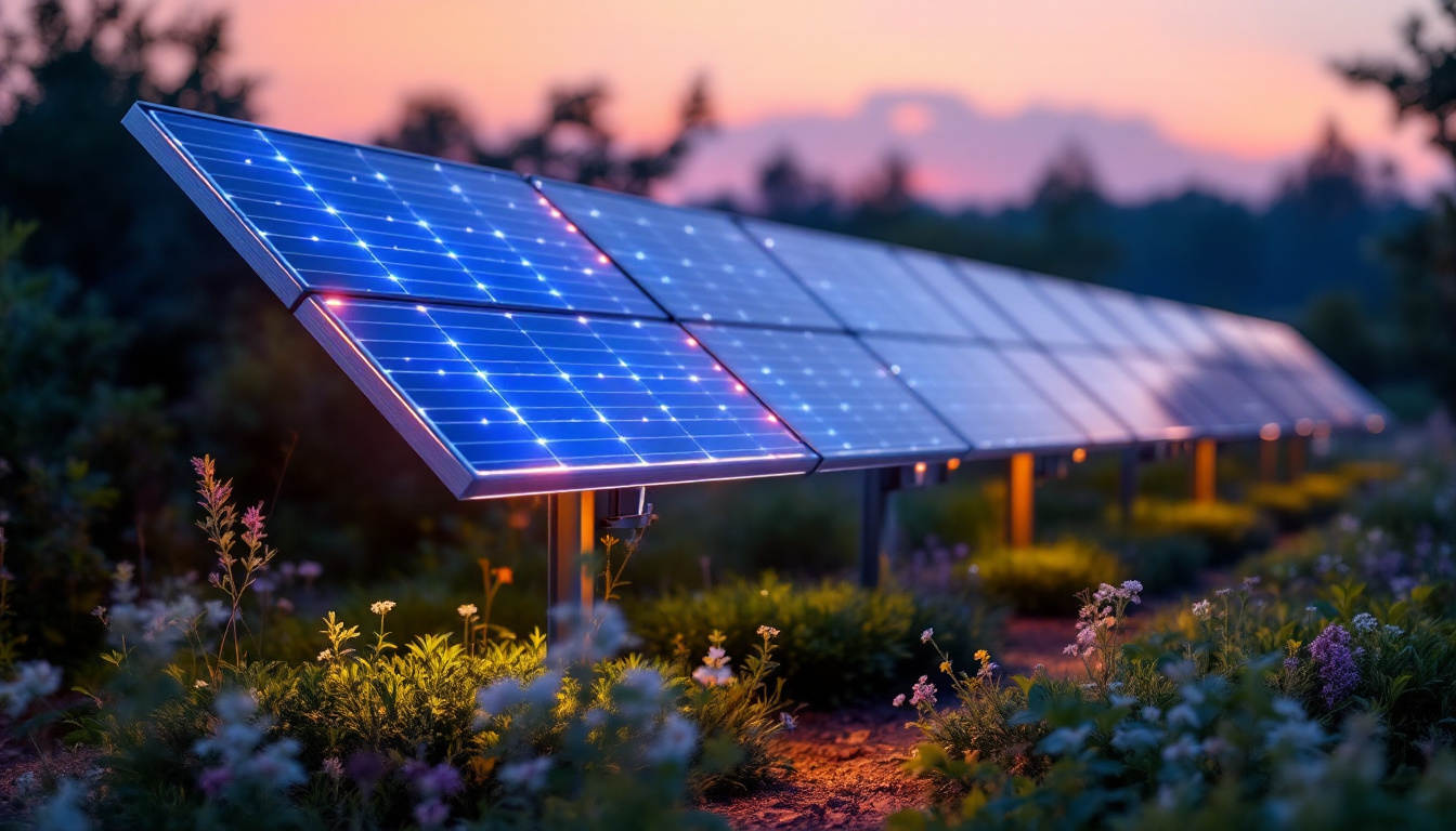 A photograph of capture a photograph of a vibrant solar led panel installation in a natural setting