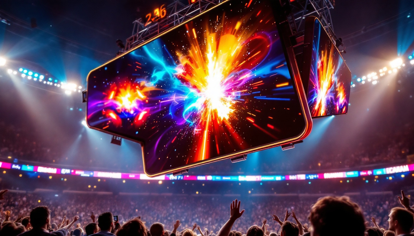 A photograph of a vibrant led video scoreboard in action during a live sporting event