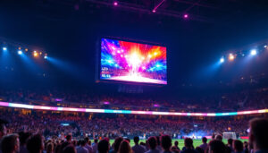 A photograph of a vibrant led scoreboard in action during a sports event