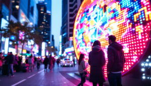 A photograph of capture a photograph of a vibrant circular led display in an urban setting