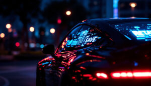 A photograph of a sleek car with a vibrant led rear window display illuminated at night