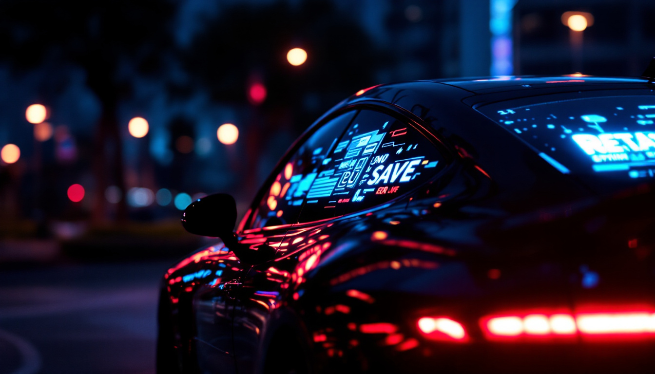 A photograph of a sleek car with a vibrant led rear window display illuminated at night
