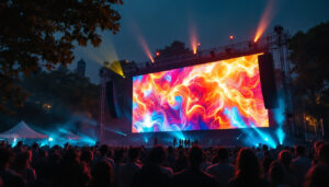 A photograph of a vibrant outdoor event featuring a large led screen displaying dynamic visuals