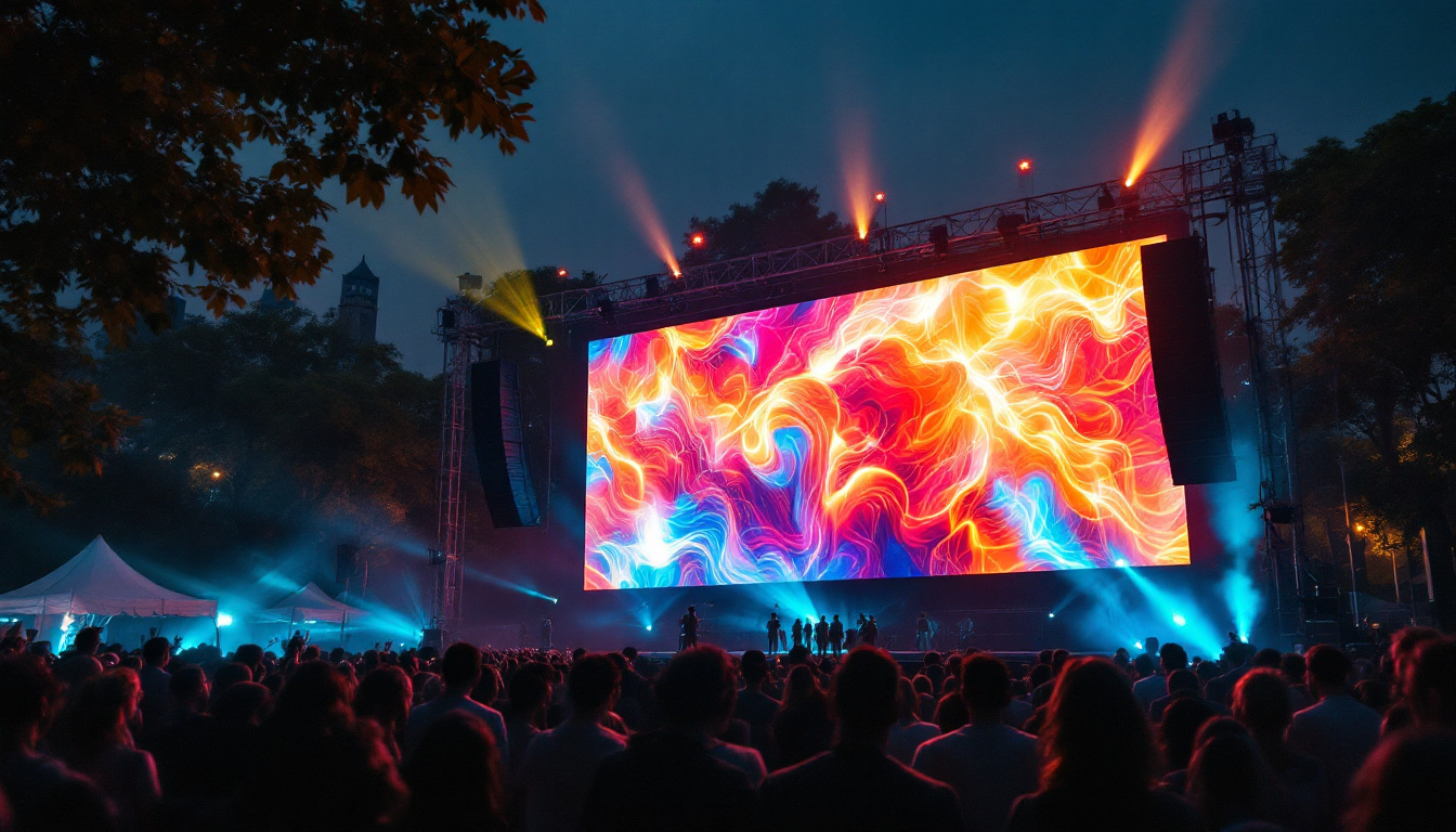 A photograph of a vibrant outdoor event featuring a large led screen displaying dynamic visuals