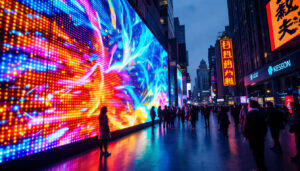 A photograph of a vibrant led display in an urban setting