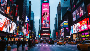 A photograph of a vibrant new york city street scene featuring a prominent led billboard displaying dynamic advertisements