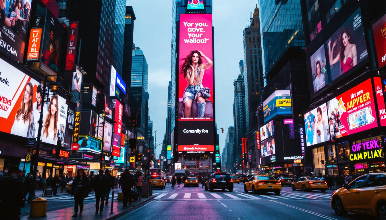 A photograph of a vibrant new york city street scene featuring a prominent led billboard displaying dynamic advertisements