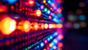 A photograph of a close-up shot of a vibrant led display featuring lamp beads in action