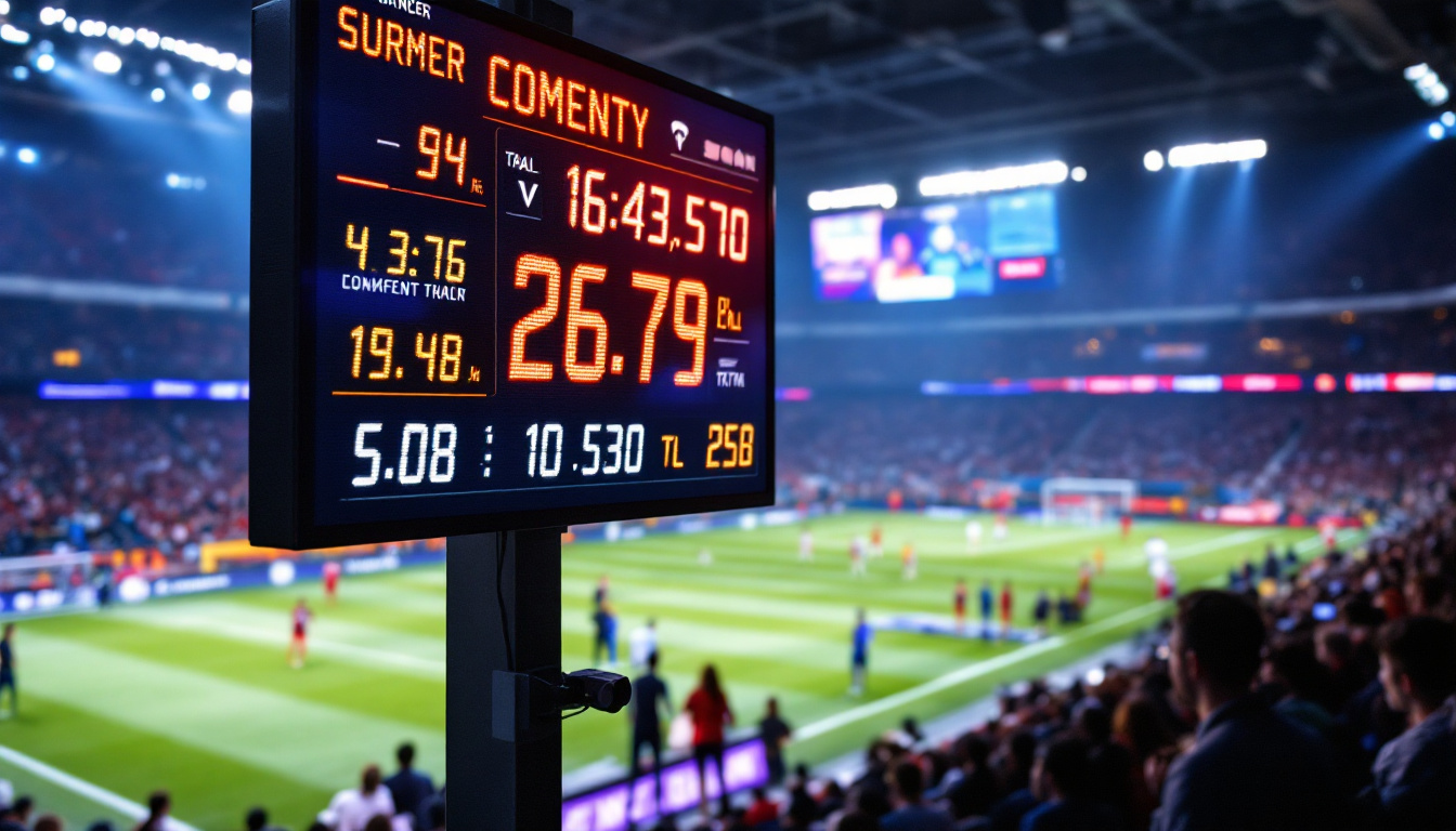 A photograph of a vibrant led scoreboard in action during a live sports event