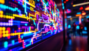 A photograph of a vibrant led display showcasing an interactive game interface