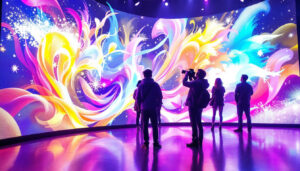 A photograph of a vibrant led display showcasing a stunning array of colors and images