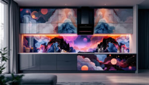 A photograph of a stylish kitchen or living room showcasing cabinets adorned with vibrant wallpaper patterns