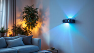 A photograph of a sleek wall-mounted led projector in action