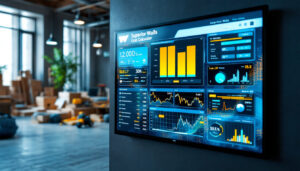 A photograph of a sleek led display showcasing the superior walls cost calculator in a modern construction setting