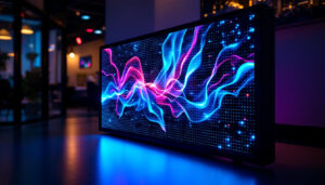 A photograph of a sleek black led display in a modern setting