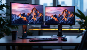 A photograph of a sleek dual monitor stand featuring dell led displays in a modern workspace setting