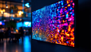 A photograph of capture a photograph of a vibrant led display in a dynamic setting