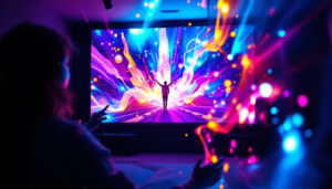 A photograph of capture a photograph of a vibrant led projector screen in a dimly lit room