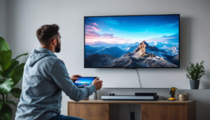 A photograph of a person setting up a direct tv system