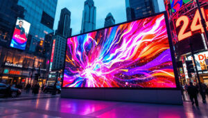 A photograph of a vibrant outdoor led display showcasing dynamic visuals and bright colors