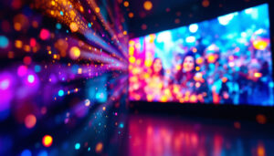 A photograph of a vibrant led display showcasing a colorful movie scene