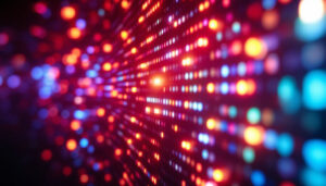 A photograph of a vibrant pixel light show in action
