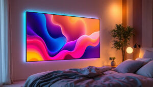 A photograph of a stylish bedroom featuring a sleek led wall panel as a focal point
