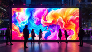 A photograph of capture a photograph of a vibrant outdoor setting featuring an organic led videowall