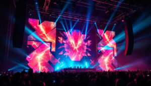 A photograph of a vibrant led truss display at a live event