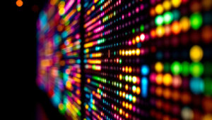 A photograph of a close-up shot of an led display panel illuminated in a dark environment