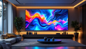 A photograph of a modern living room featuring a large