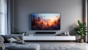 A photograph of a modern living room featuring a sleek led display mounted on a stylish tv wall panel