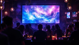A photograph of a vibrant bar scene featuring a large led display showcasing dynamic visuals