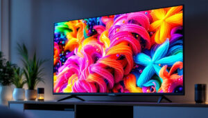 A photograph of a close-up shot of a vibrant led television screen displaying a colorful