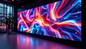 A photograph of a vibrant video wall showcasing a dynamic led display in action