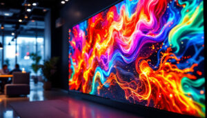 A photograph of a vibrant led display showcasing dynamic visuals