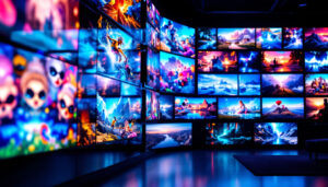 A photograph of a stunning wall of led tvs displaying vibrant and diverse content