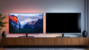 A photograph of a side-by-side comparison of an lcd tv and an led tv