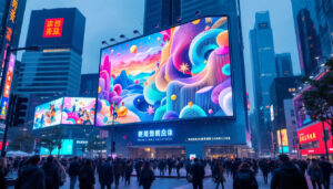 A photograph of capture a photograph of a vibrant chinese 3d led billboard in an urban setting