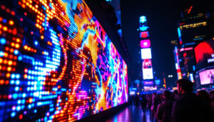 A photograph of a vibrant led display in action
