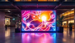 A photograph of a vibrant see-through led display in an urban setting