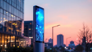 A photograph of a sleek smart pole illuminated at dusk