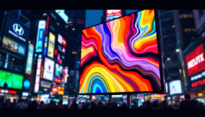 A photograph of a vibrant led display in a bustling urban setting