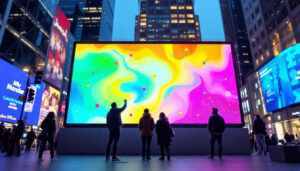 A photograph of a vibrant led display in an urban setting