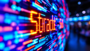 A photograph of a close-up shot of a vibrant led display showcasing dynamic graphics or text